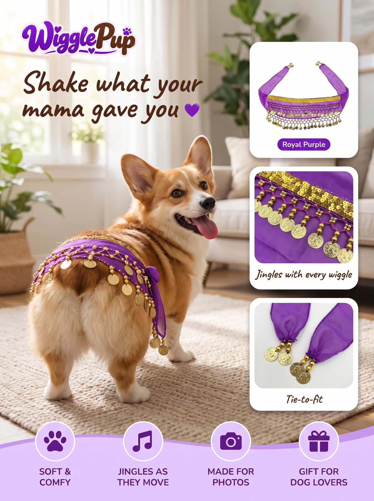 WigglePup Jingle Scarf belly dance hip scarf for dogs in Royal Purple on a corgi
