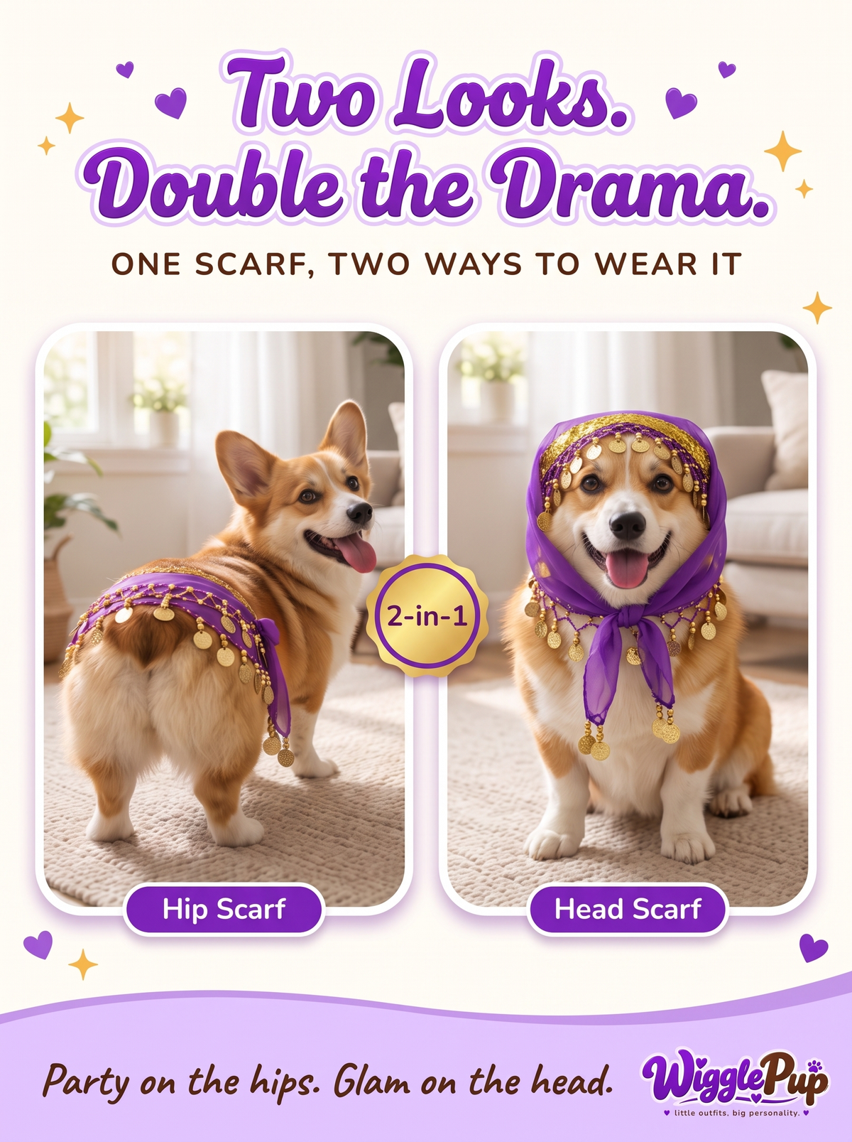 2-in-1 dog scarf worn on the hips or as a head scarf