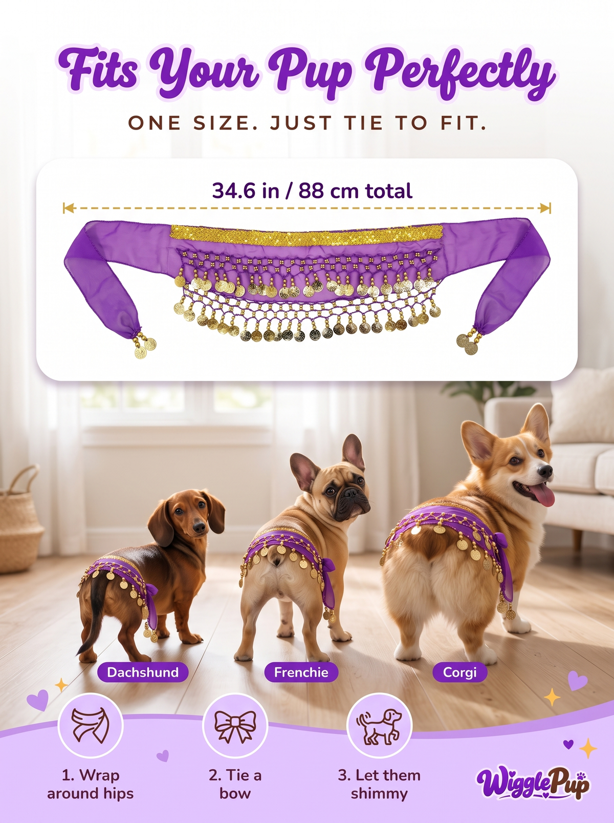 One size tie-to-fit dog hip scarf size guide 34.6 in / 88 cm