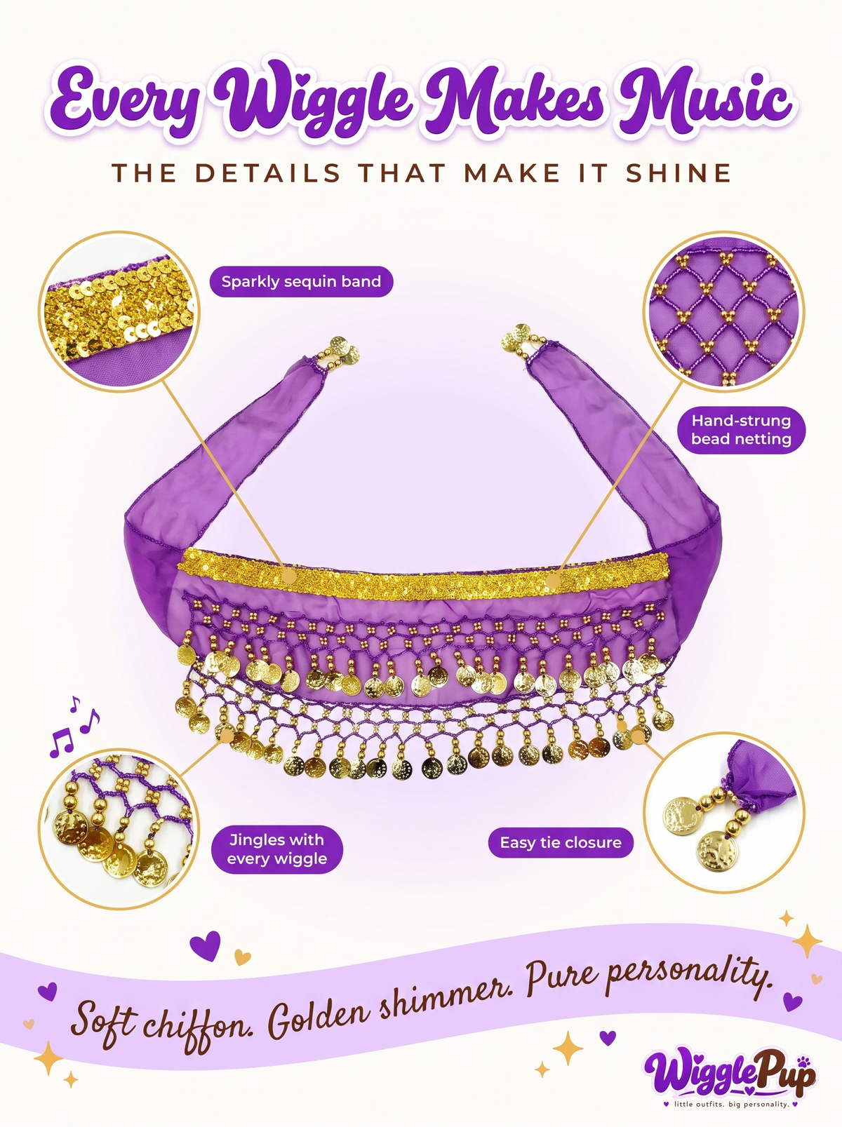 Sequin band, beaded netting and jingling gold-tone coins close-up