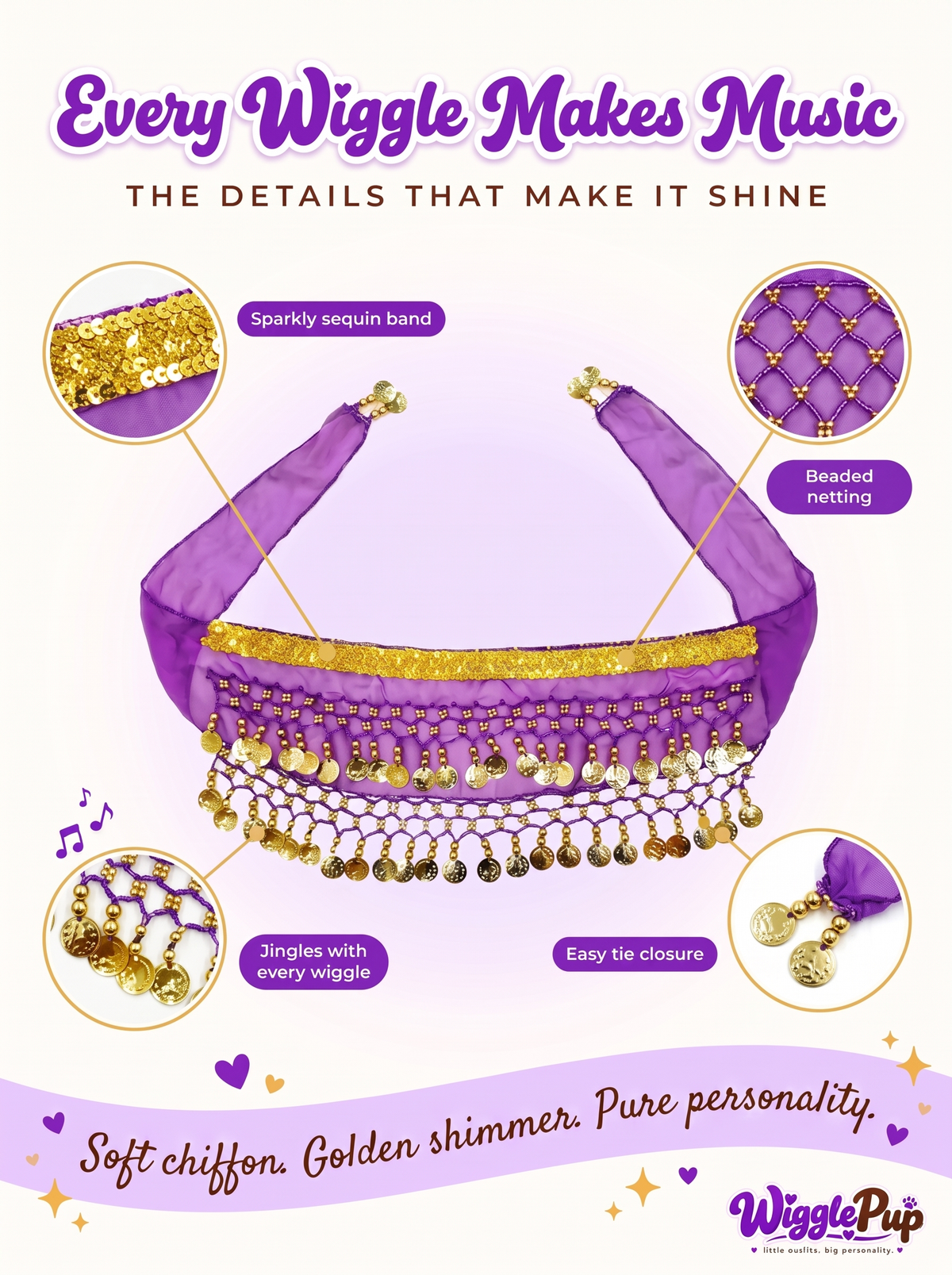 Sequin band, beaded netting and jingling gold-tone coins close-up