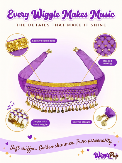 Sequin band, beaded netting and jingling gold-tone coins close-up